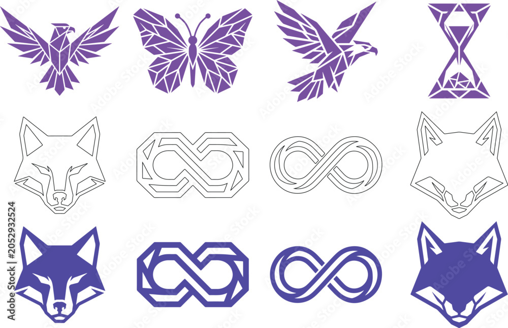Obraz premium Geometric animal and object icons in purple and white colors