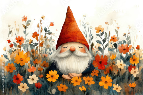 A Happy Gnome Resting Peacefully in a Springtime Flower Field