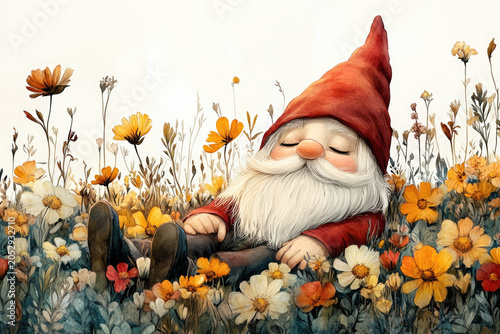 A Peaceful Gnome Surrounded by Blooming Nature in Spring