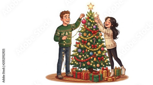 Happy couple decorating christmas tree illustration with christmas decorating celebration ornaments illustration together presents activity december romantic