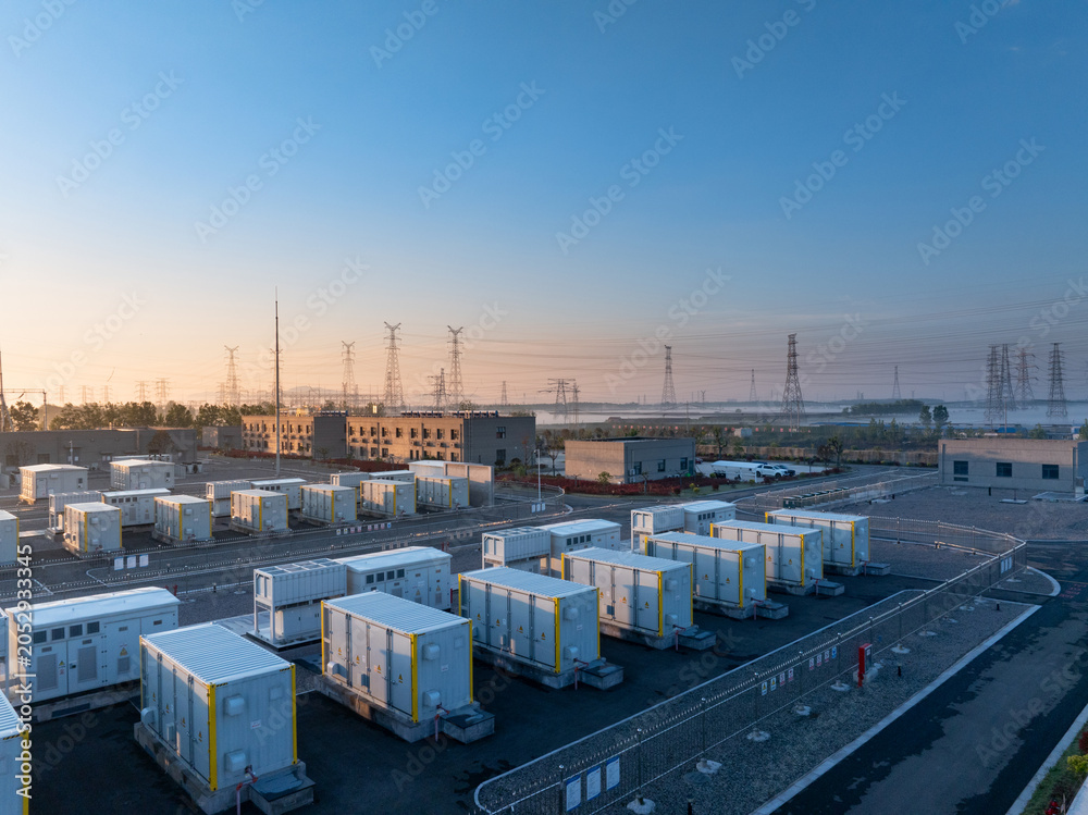 Fototapeta premium Panoramic view of outdoor energy storage power station container equipment