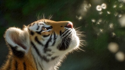 A majestic young tiger gazes into the distance. The soft light highlights its striking stripes and curious expression. A captivating blend of wildlife and nature. AI