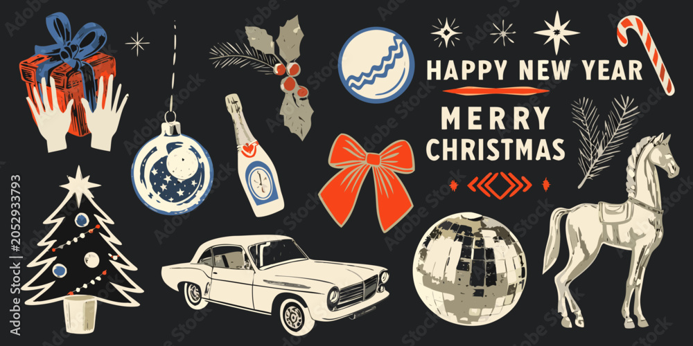 Obraz premium Vintage Holiday Collage Featuring Gift Ornament And Festive Elements