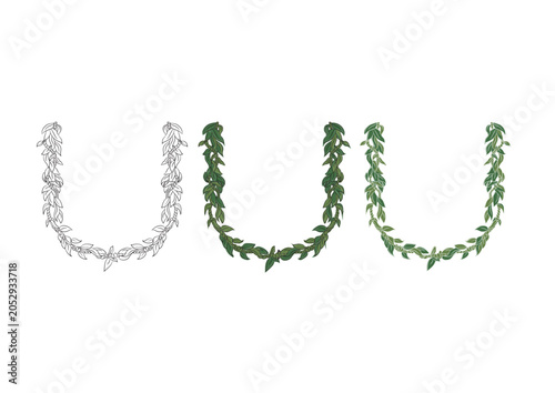 Traditional Hawaiian Ti Leaf Lei Necklace Vector Illustration, Tropical Green Leaf Garland Set