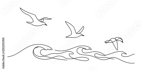 Obraz na plátně Minimalist continuous line art drawing of flying seagulls over ocean sea waves i