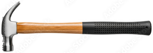 Polished silver metal claw hammer with a classic wooden handle and ergonomic black isolated transparent background image