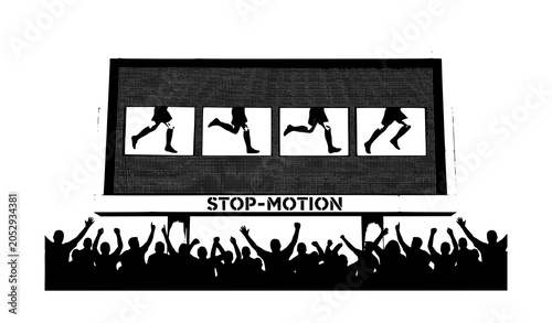 Obraz na plátně Football stadium big screen stop motion replay with cheering crowd silhouette ve