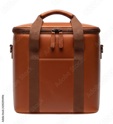 Premium cognac leather insulated cooler bag with sturdy top handle isolated transparent background image