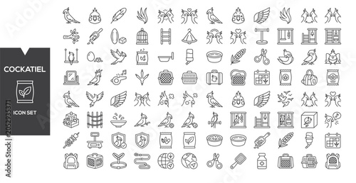 Bild auf Leinwand Cockatiel Icon Set: A comprehensive collection of line art icons featuring various elements related to cockatiels, including the birds themselves, cages, food, toys, and accessories