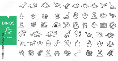 Konstfotografi Dinosaur Icons Collection: A comprehensive set of simple line art icons representing various dinosaurs, fossils, footprints, volcanoes, and related prehistoric elements