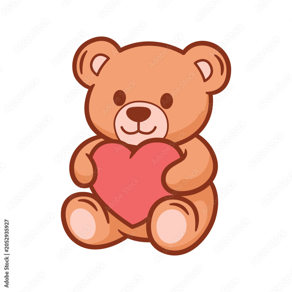 Obraz premium Cute teddy bear hugging a heart, adorable Valentine cartoon illustration isolated on white background. Sweet romantic plush toy with soft pastel colors.