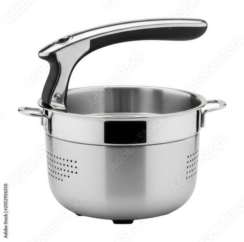 Professional stainless steel potato ricer with ergonomic handle and drainage holes isolated transparent background image