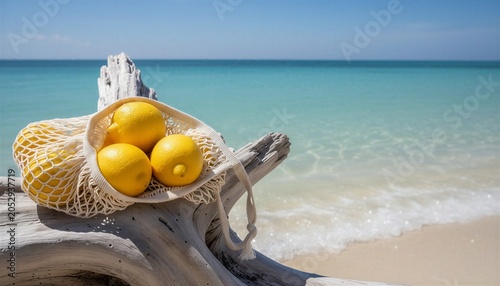 Reusable mesh bag with lemons on driftwood tropical beach, ecofriendly summer lifestyle, copy space