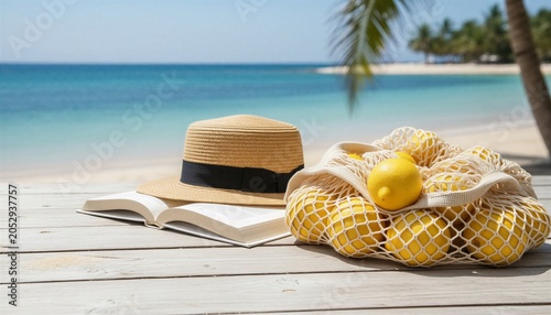 Reusable mesh bag with lemons straw hat and book on tropical beach vacation, ecofriendly lifestyle