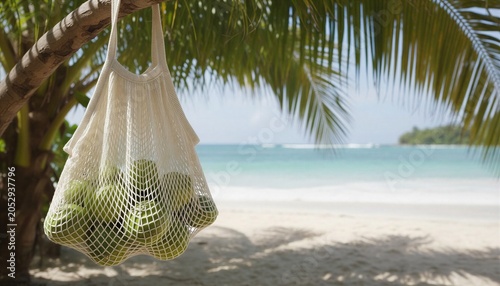 Eco friendly reusable mesh bag filled with green coconuts under palm tree on sunny tropical beach, copy space