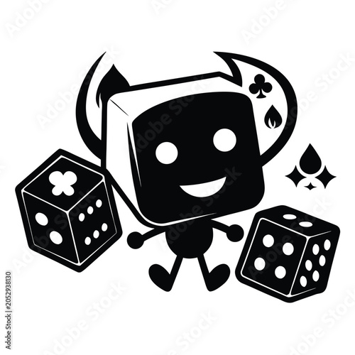 Happy cartoon character with dice and playing cards