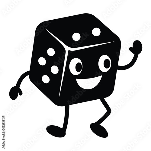 Happy dice cartoon character waving