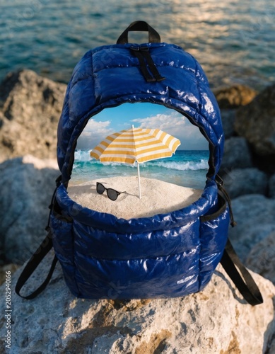 Surreal beach paradise revealed inside blue backpack coastal rocks photography outdoor setting unique perspective whimsical escape