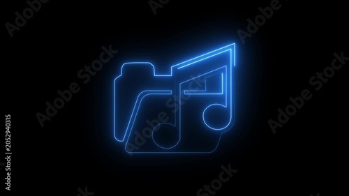 Glowing blue neon music folder icon on black background, digital audio file storage and playlist concept animation.