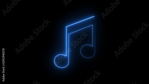 Glowing blue neon music note icon on black background animation.