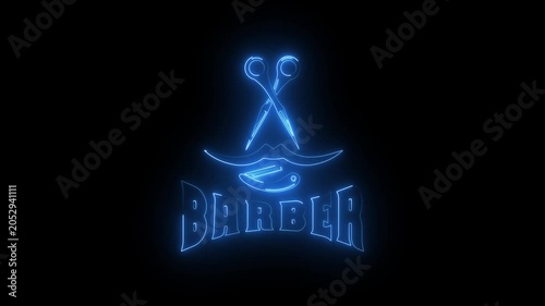 Blue neon barber shop logo sign with glowing scissors mustache and razor on a black background animation.