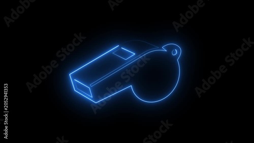 Blue neon whistle icon sign with glowing referee sports equipment isolated on black background.