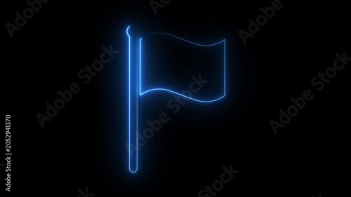 Blue neon flag icon sign with glowing banner on flagpole isolated on a black background.