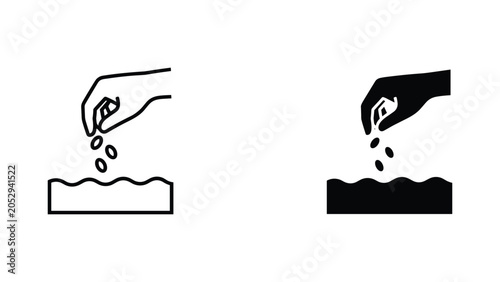 Hand planting seeds in soil vector icon set in two graphic styles