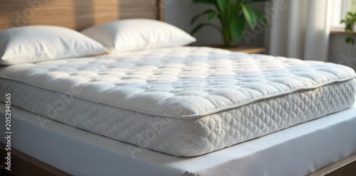 A plush, supportive mattress lies neatly on a crisp white fitted sheet, ready for a restful night's sleep The soft lighting accentuates the luxurious texture and inviting comfort , plush, sheets