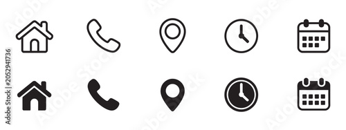 Interface icon set, phone receiver home location pin clock calendar clean vector illustration for contact navigation scheduling and planning