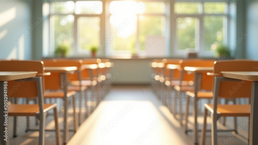 Fototapeta premium brightly lit modern empty elementary classroom rows of desks natural sunlight ready for back to school educational advertising setting