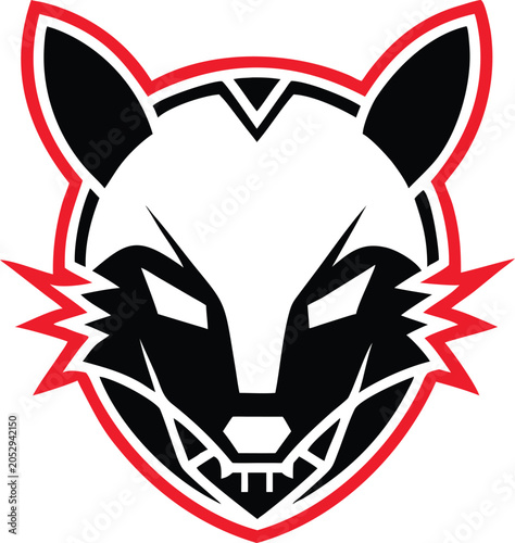 Aggressive rat mascot head logo featuring bold black and white design with striking red outline displaying ferocity