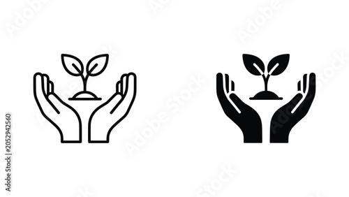 Two hands cupping a small plant sprout icon set for environmental protection concepts