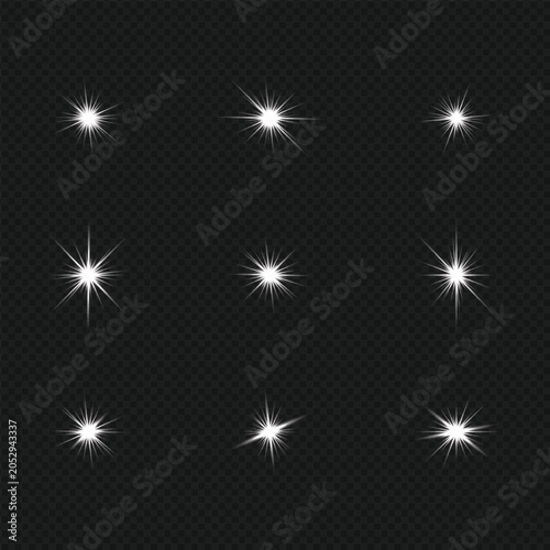 White color Sparkling Starburst Light Effects Collection on Transparent Background Vector Illustration