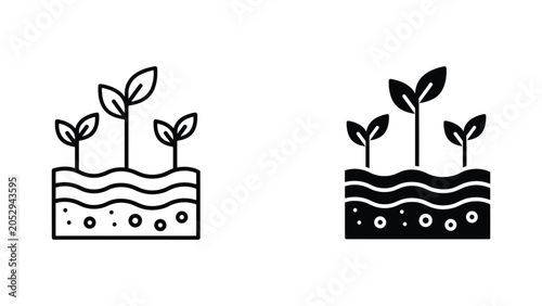 Multiple small plant sprouts in a soil bed icon set for farming and ecology