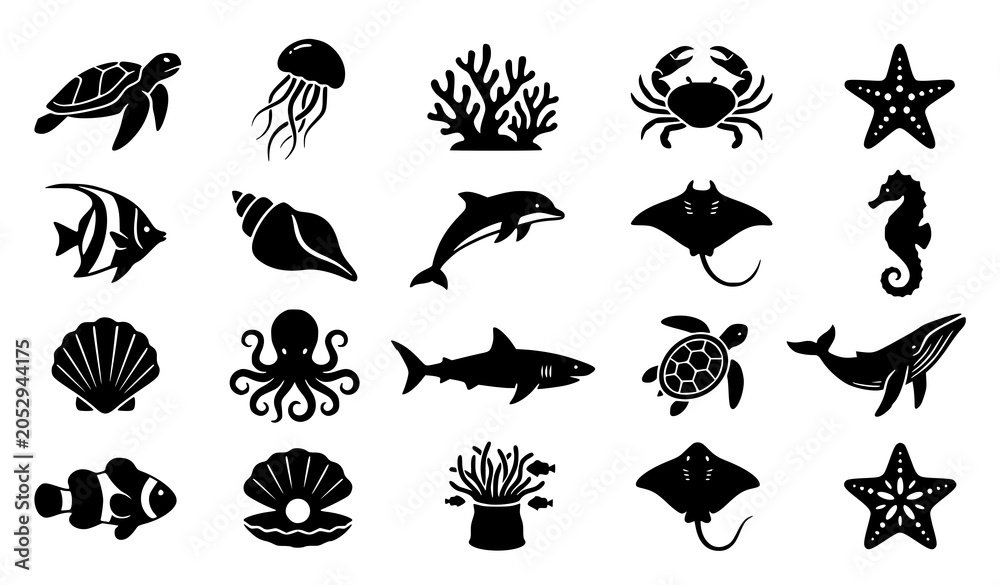 Obraz premium Marine Life Silhouette Icons Vector Collection with Turtle Jellyfish and Coral Reef