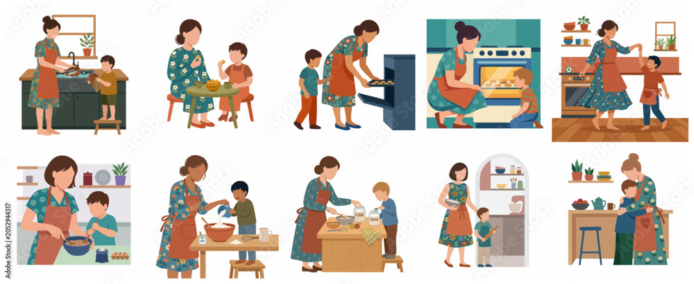 Fototapeta premium Set of mother and son bonding activities in the kitchen flat illustration, cooking, baking cookies, washing dishes and family quality time concept