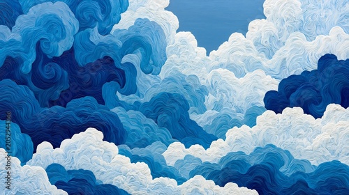 Blue and white swirls show clouds high above. Smooth shapes mix to bring peace and new ideas.