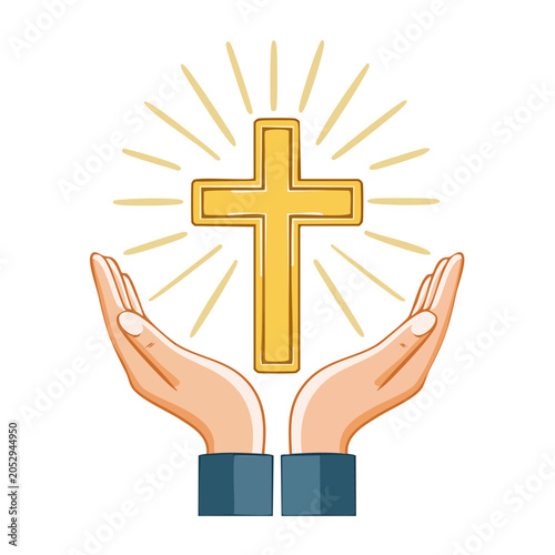 Golden Christian Cross Held by Hands with Light Rays