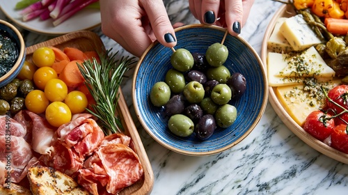 Hands with olives on sticks rest above a blue bowl. A meat and cheese board and colorful veggies sit on white marble nearby.