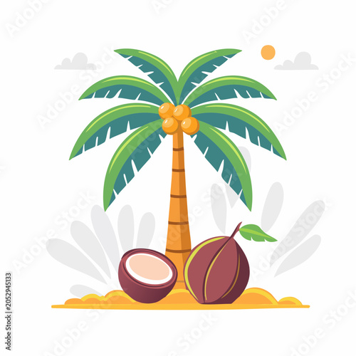 Palm Tree with Coconuts on Sandy Beach