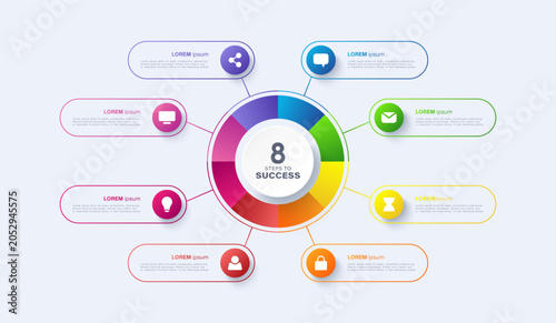 Vector infographic label design with circle infographic template design with 8 options or steps. Vector template for process diagrams, presentations and workflows