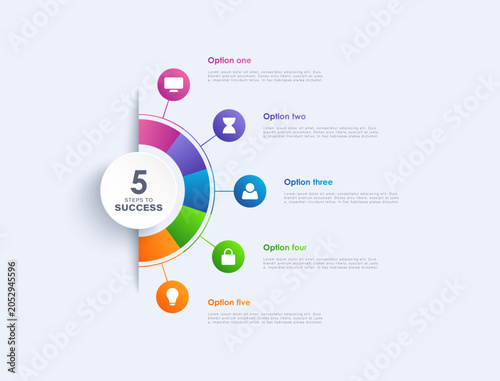 Foto Vector infographic label design with semicircular infographic template with 5 options or steps