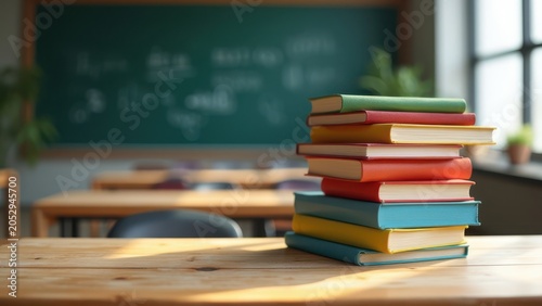colorful hardcover books stacked on rustic wooden desk with blackboard backdrop natural light for education marketing concept