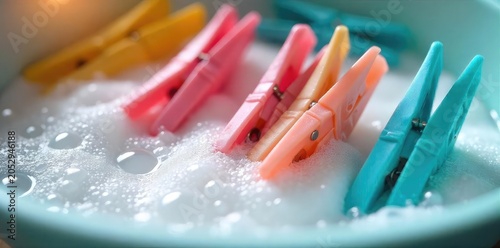 Close-up of pegs being washed in a basin of soapy water, bubbles visible Clean laundry essentials, preparation for hanging Bright, cheerful image , basin, clothes pegs
