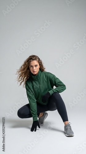 Confident athletic woman in green jacket crouching in studio