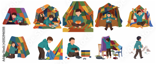 Bild auf Leinwand Collection of flat illustrations featuring a young boy playing in and building homemade blanket forts, reading stories, and enjoying imaginative indoor activities at home