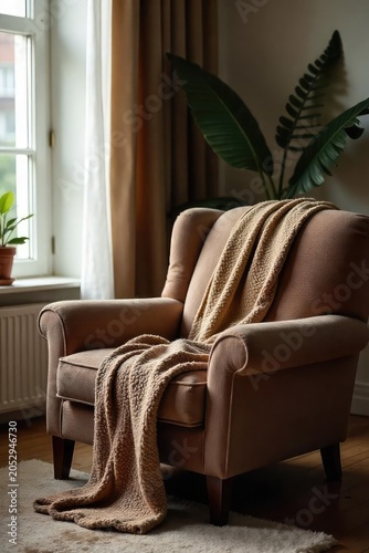 Cozy and comfortable living room jacket draped casually over a plush armchair, perfect for relaxing evenings at home Soft lighting highlights the texture of the fabric , acrylic, plush