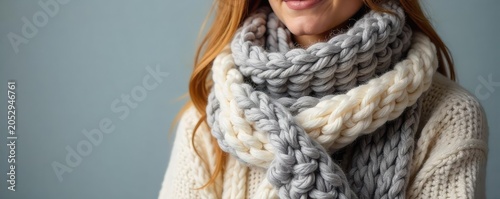 Cozy, chunky knit scarf in wintery shades of cream, grey, and beige Perfect for adding warmth and style to any winter outfit Soft, luxurious texture and timeless design , winter wonderland, snow