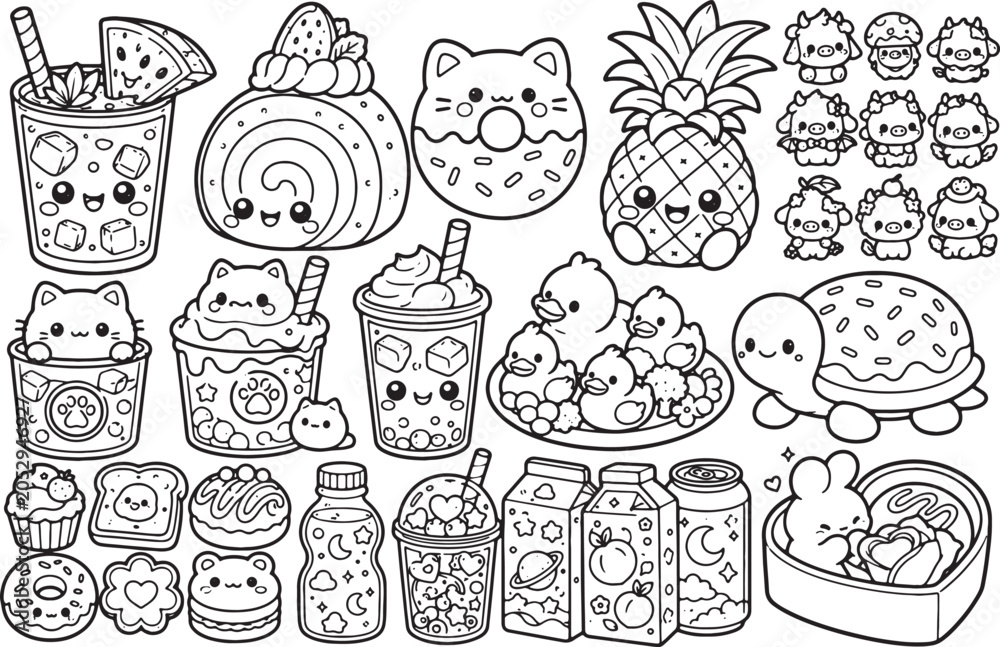 Obraz premium Cute sweet food and drink illustrations for children and design projects